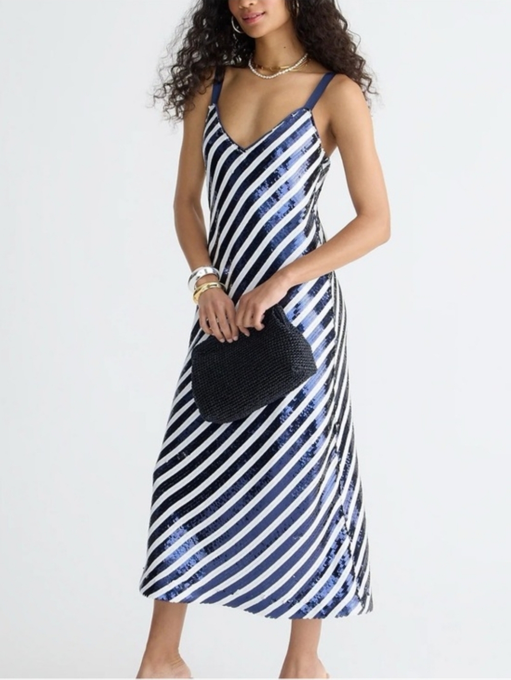 J. Crew Navy and White Sequin-Striped Midi Dress